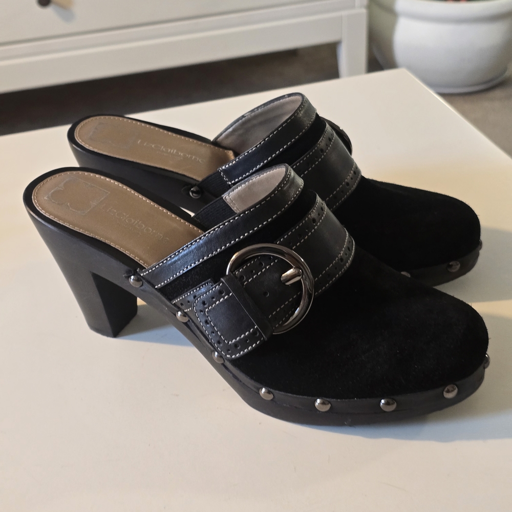 Liz Claiborne Black Suede Mules with Buckle - Picture 3 of 10